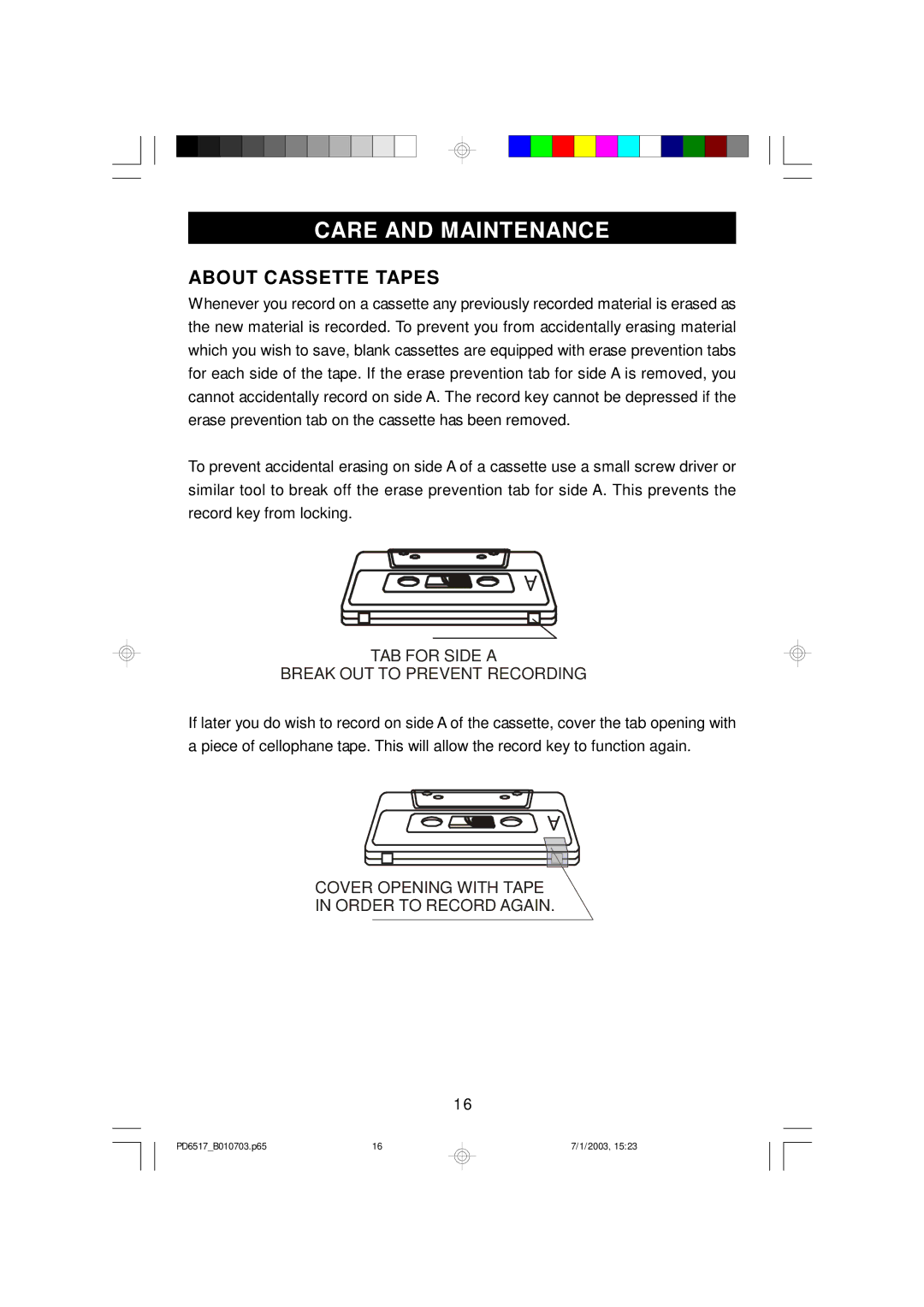 Emerson PD6517 owner manual Care and Maintenance, About Cassette Tapes 