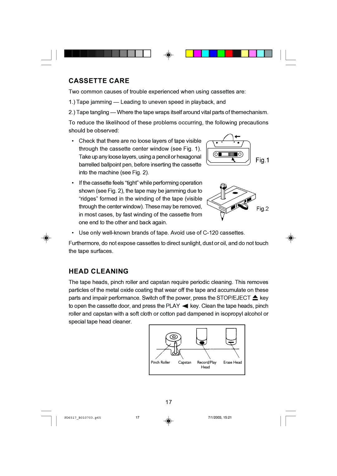 Emerson PD6517 owner manual Cassette Care, Head Cleaning 