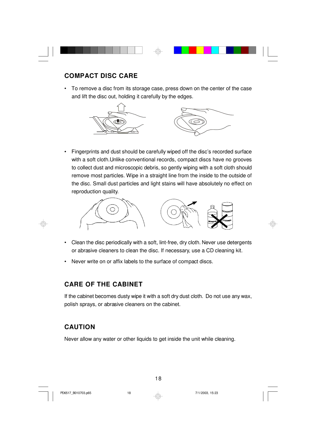 Emerson PD6517 owner manual Compact Disc Care, Care of the Cabinet 
