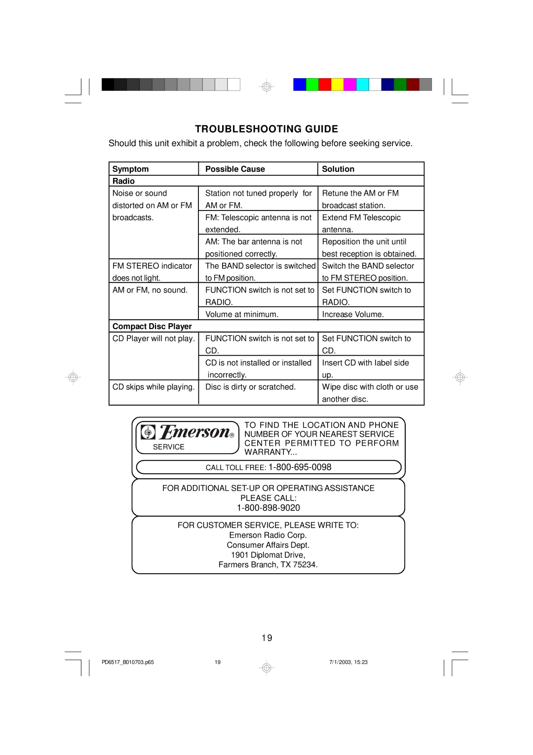 Emerson PD6517 owner manual Troubleshooting Guide, Symptom Possible Cause Solution Radio 