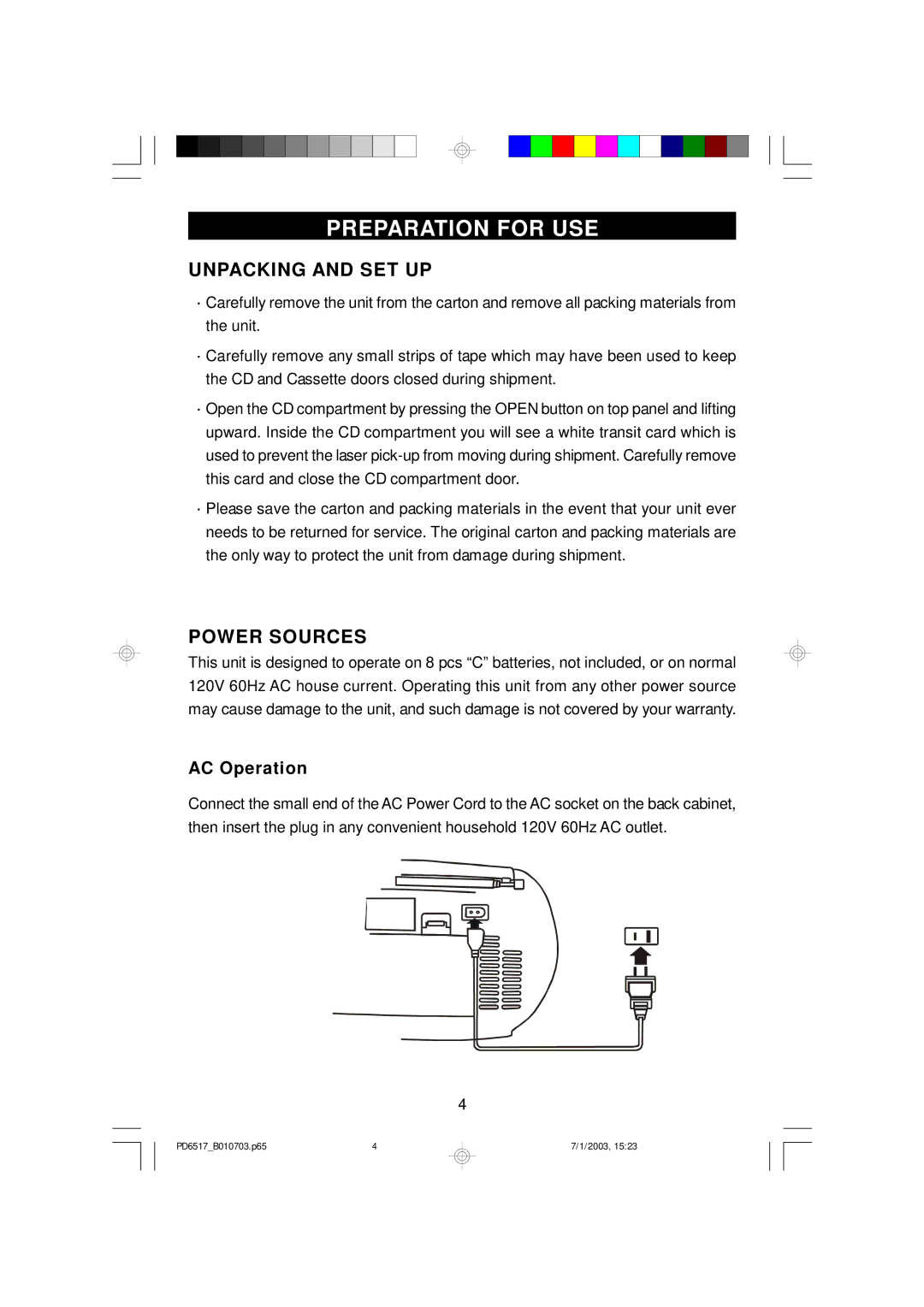 Emerson PD6517 owner manual Preparation for USE, Unpacking and SET UP, Power Sources, AC Operation 