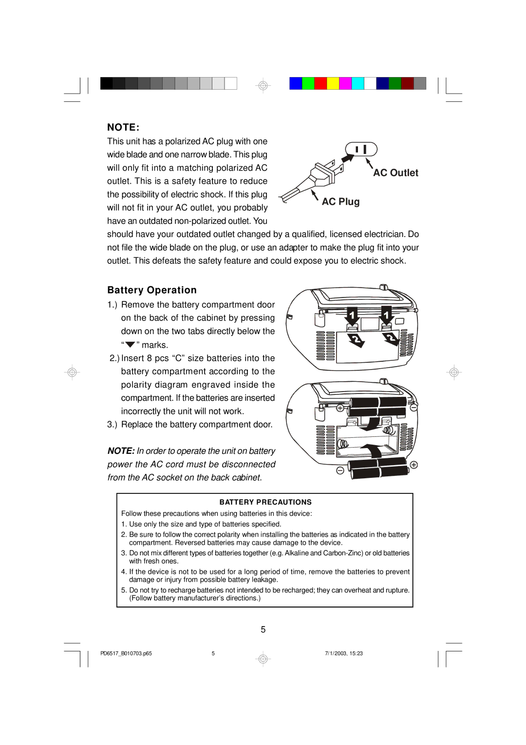 Emerson PD6517 owner manual Battery Operation, Battery Precautions 