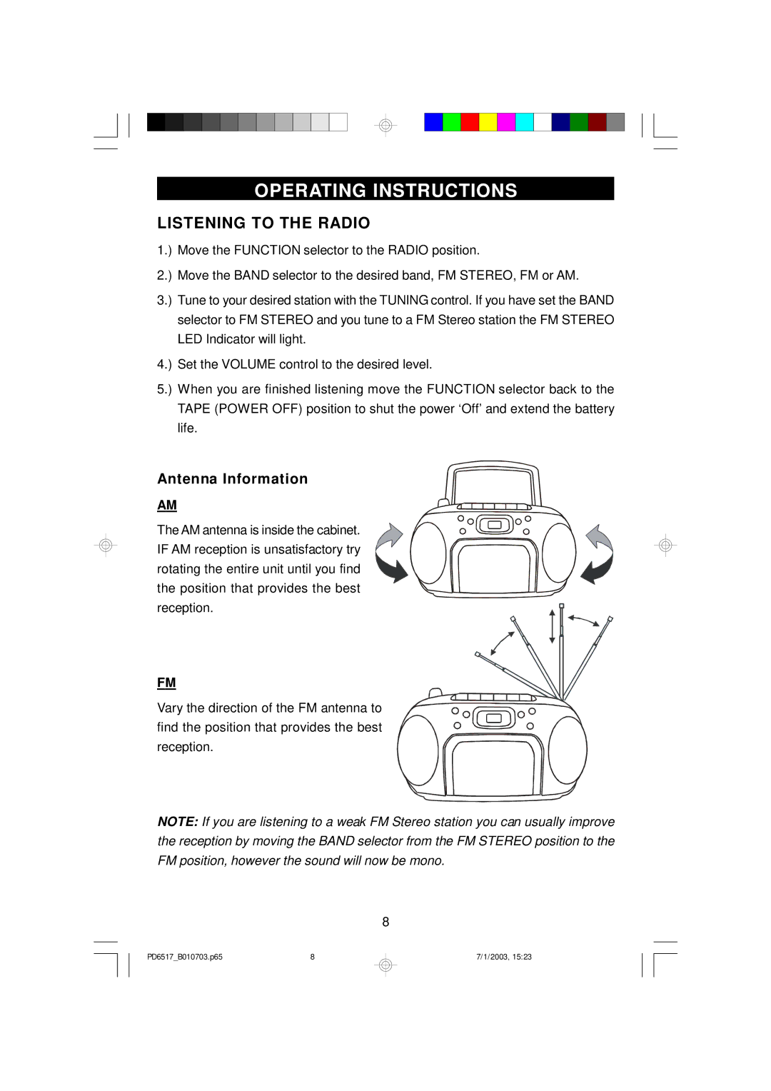 Emerson PD6517 owner manual Operating Instructions, Listening to the Radio, Antenna Information 