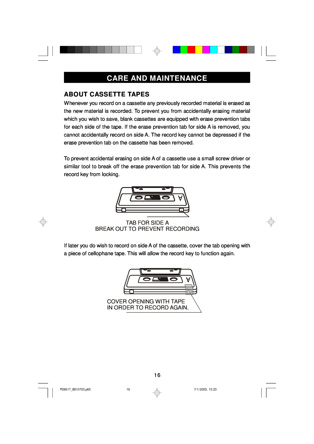 Emerson PD6517 owner manual Care And Maintenance, About Cassette Tapes, Tab For Side A Break Out To Prevent Recording 
