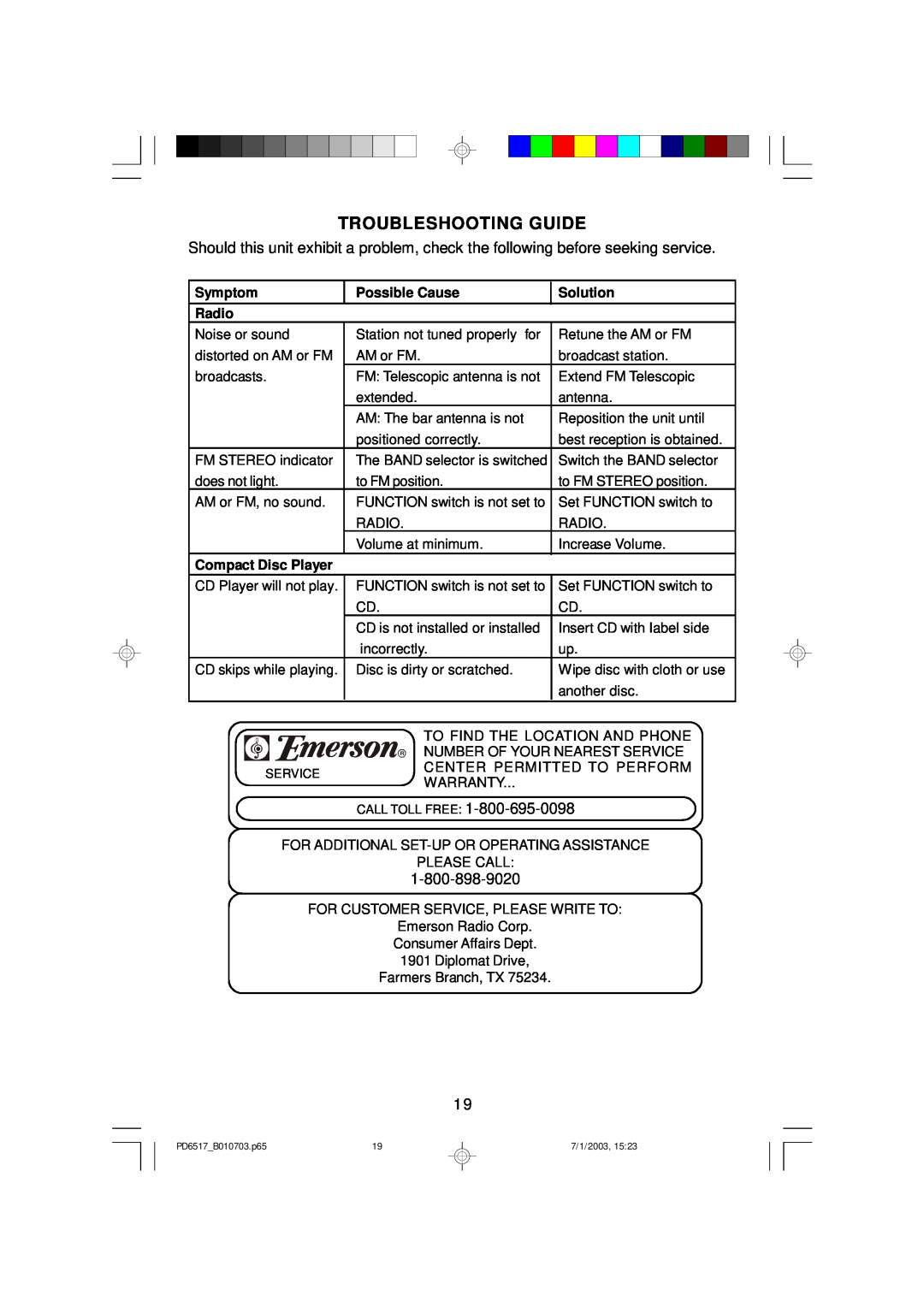 Emerson PD6517 owner manual Troubleshooting Guide, Symptom, Possible Cause, Solution, Radio, Compact Disc Player 