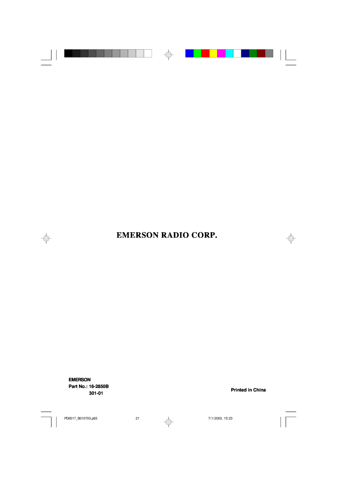 Emerson Emerson Radio Corp, EMERSON Part No. 16-2850B, 301-01, Printed in China, PD6517B010703.p65, 7/1/2003 