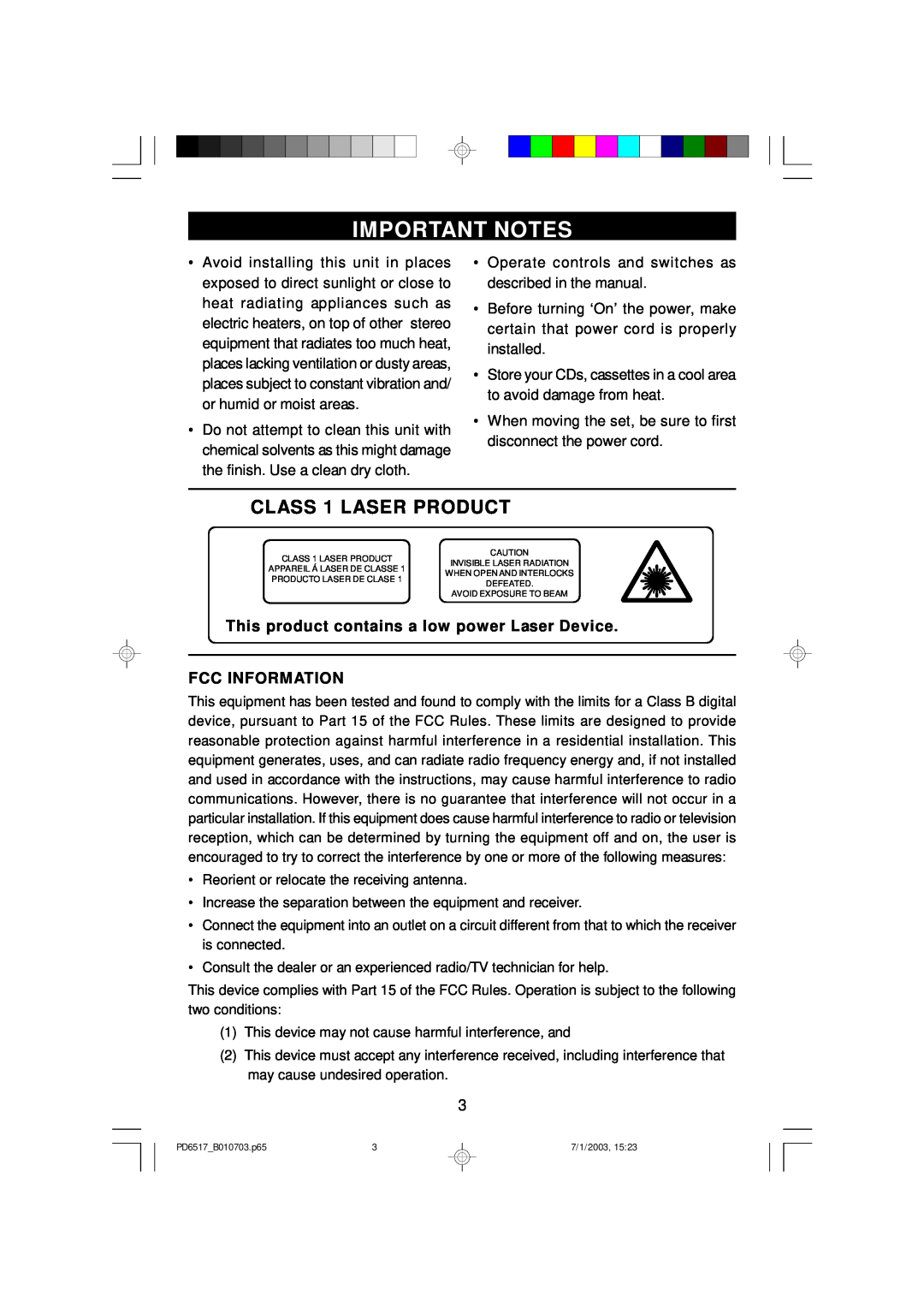 Emerson PD6517 Important Notes, CLASS 1 LASER PRODUCT, This product contains a low power Laser Device FCC INFORMATION 
