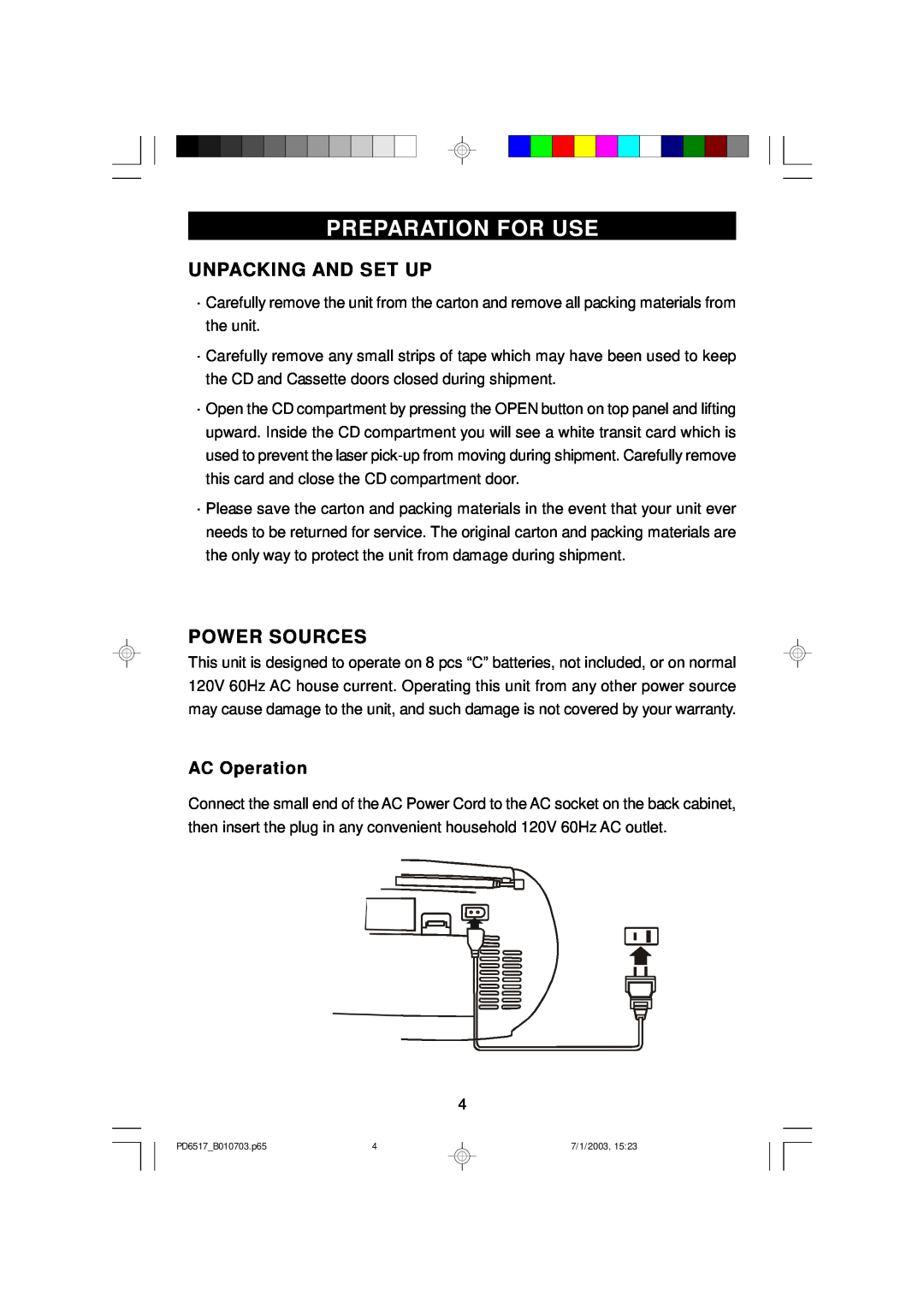 Emerson PD6517 owner manual Preparation For Use, Unpacking And Set Up, Power Sources, AC Operation 