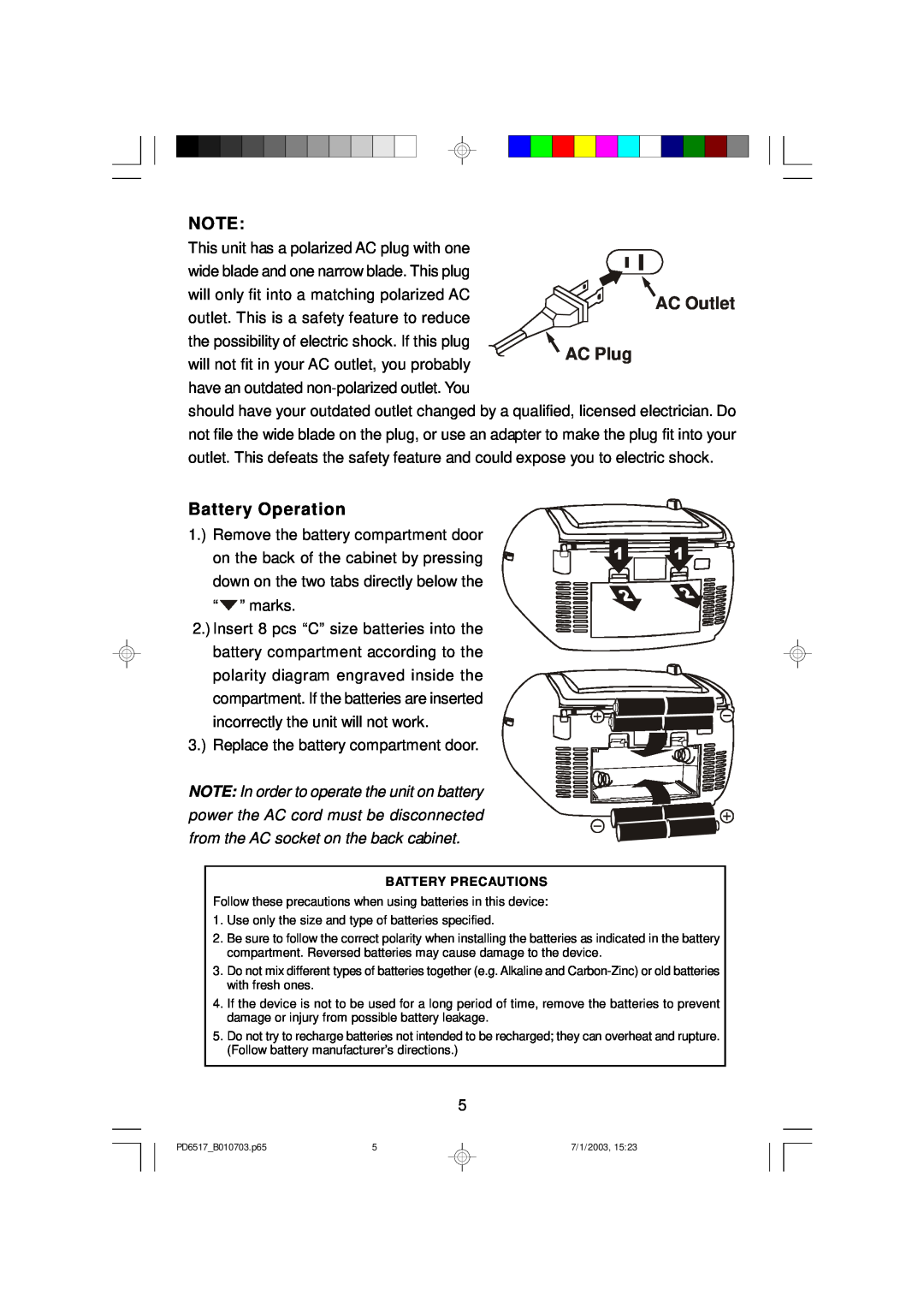 Emerson PD6517 owner manual Battery Operation 