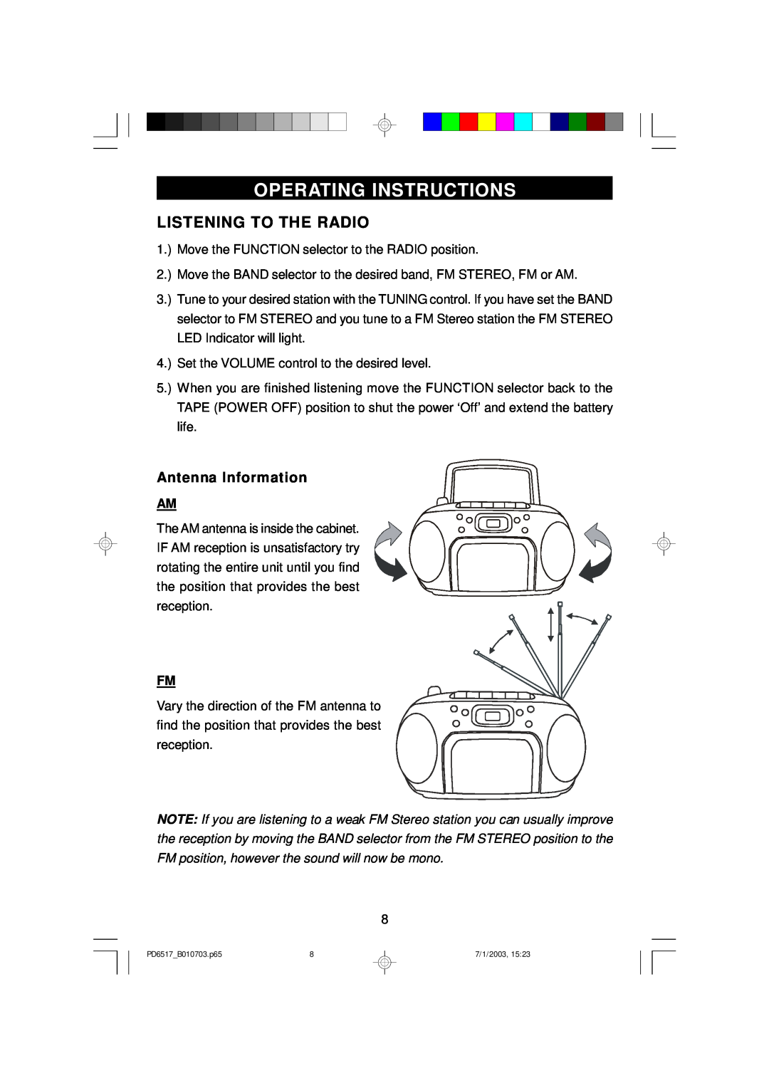 Emerson PD6517 owner manual Operating Instructions, Listening To The Radio, Antenna Information 