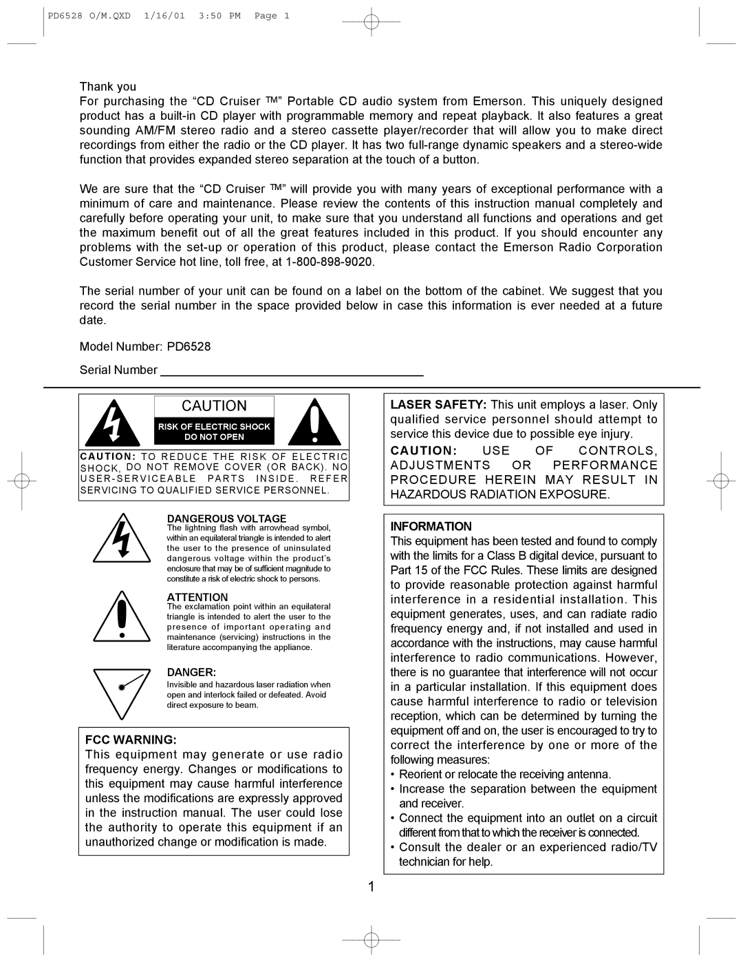 Emerson PD6528 instruction manual FCC Warning 