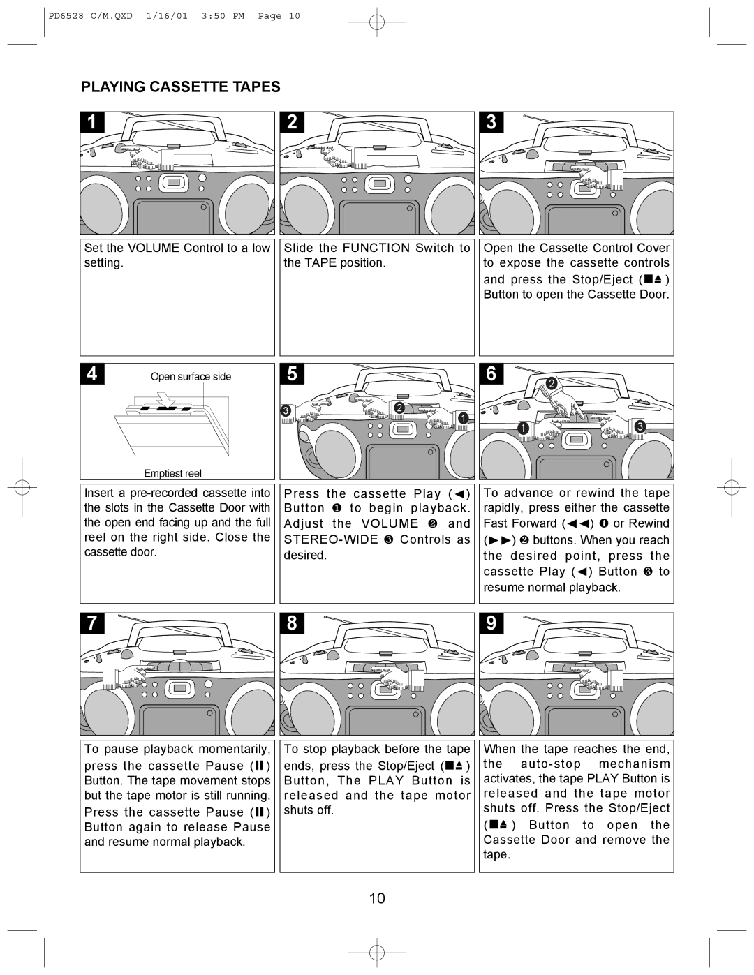 Emerson PD6528 instruction manual Playing Cassette Tapes 