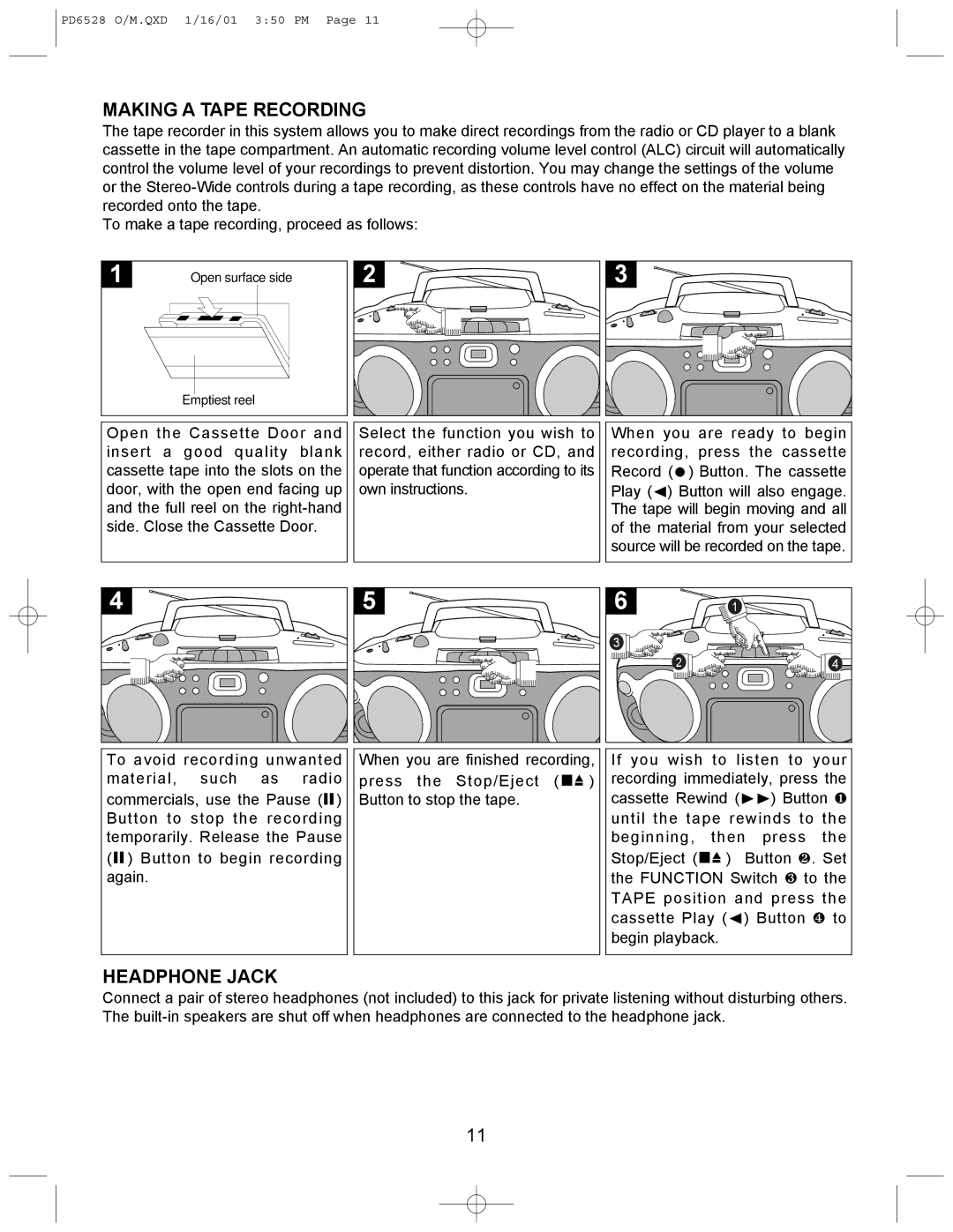 Emerson PD6528 instruction manual Making a Tape Recording, Headphone Jack 