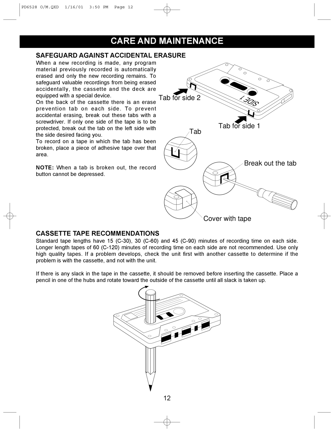 Emerson PD6528 instruction manual Care and Maintenance, Safeguard Against Accidental Erasure, Cassette Tape Recommendations 