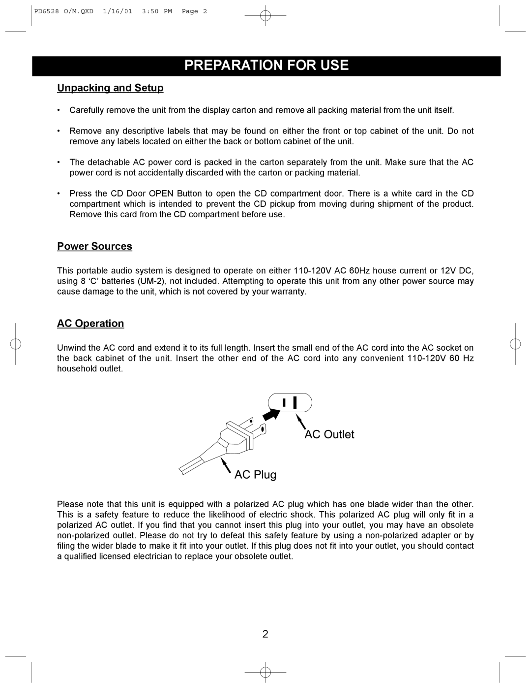 Emerson PD6528 instruction manual Preparation for USE, Unpacking and Setup 