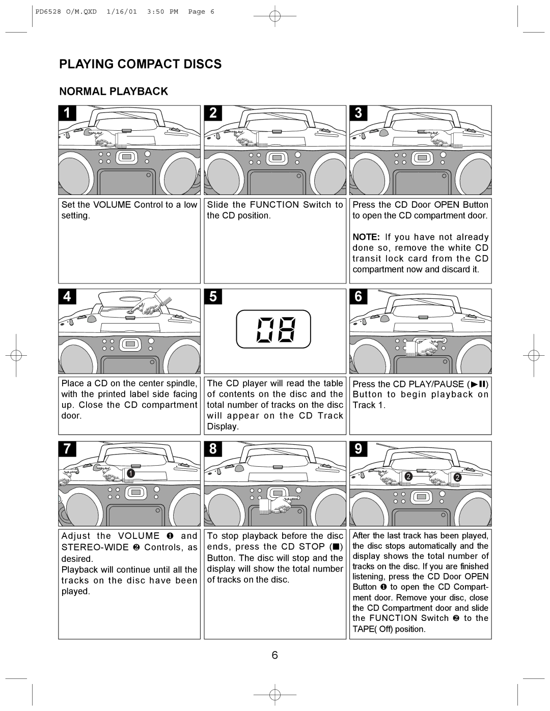 Emerson PD6528 instruction manual Playing Compact Discs, Normal Playback 