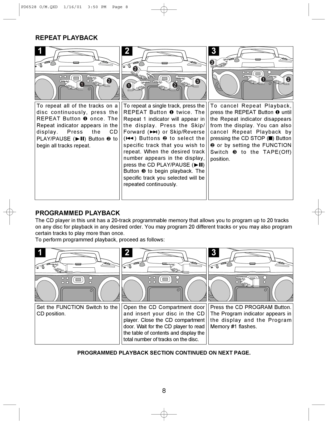 Emerson PD6528 instruction manual Repeat Playback, Programmed Playback 