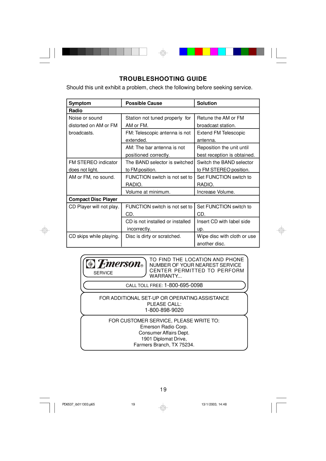 Emerson PD6537 owner manual Troubleshooting Guide, Symptom Possible Cause Solution Radio 