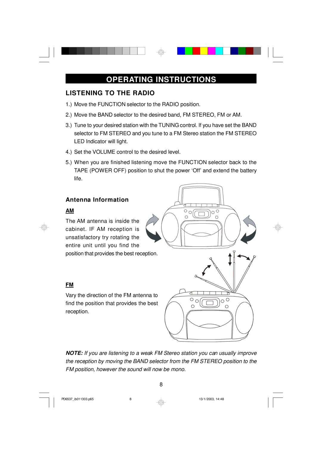 Emerson PD6537 owner manual Operating Instructions, Listening to the Radio, Antenna Information 