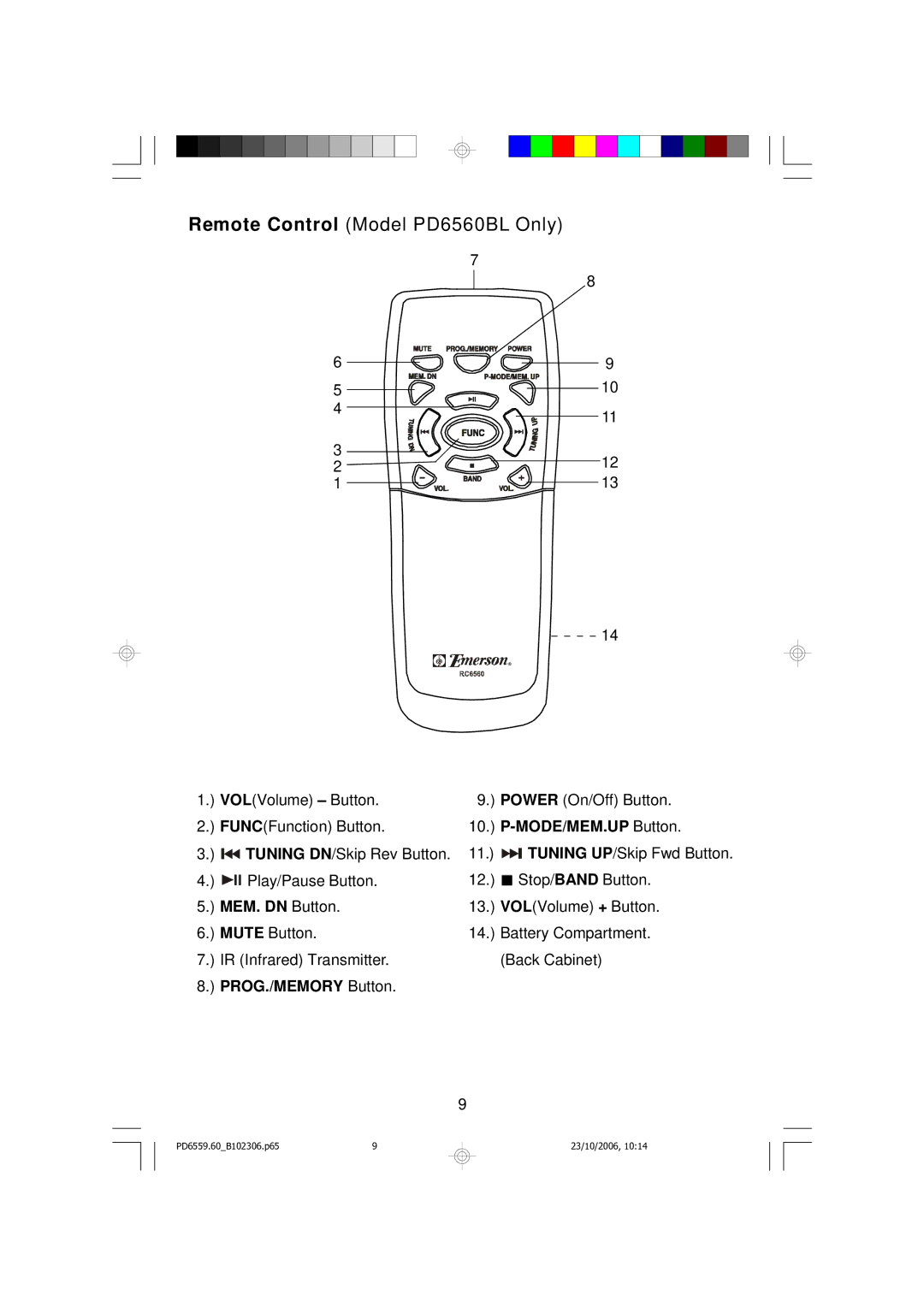 Emerson PD6559BK owner manual Remote Control Model PD6560BL Only 