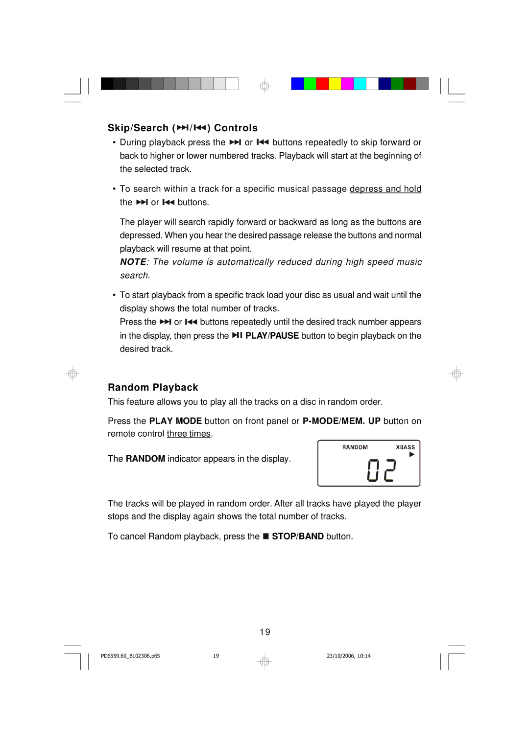 Emerson PD6559BK owner manual Skip/Search / Controls, Random Playback 