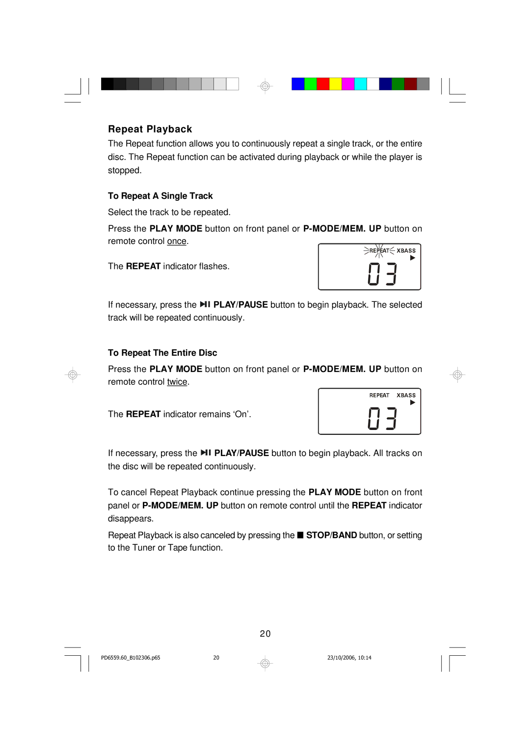 Emerson PD6559BK owner manual Repeat Playback, To Repeat a Single Track 