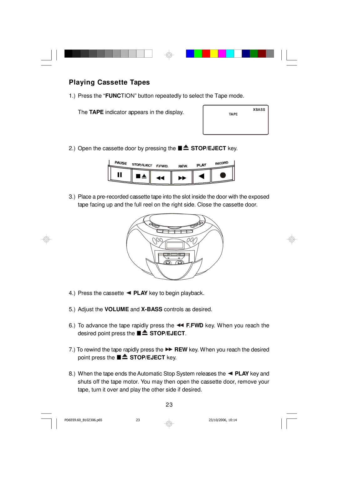 Emerson PD6559BK owner manual Playing Cassette Tapes 