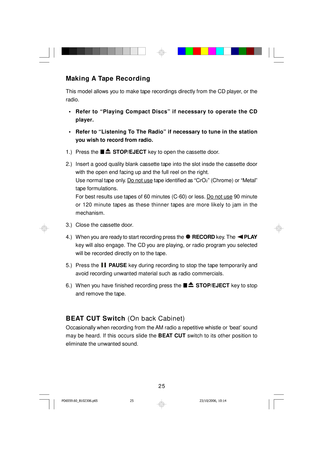 Emerson PD6559BK owner manual Making a Tape Recording, Beat CUT Switch On back Cabinet 