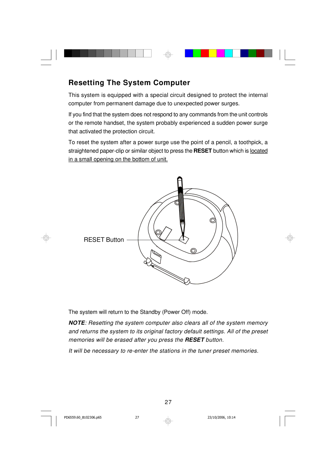 Emerson PD6559BK owner manual Resetting The System Computer 