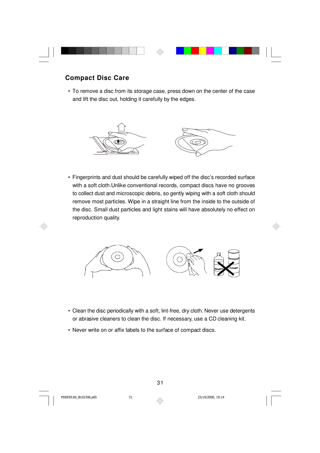 Emerson PD6559BK owner manual Compact Disc Care 