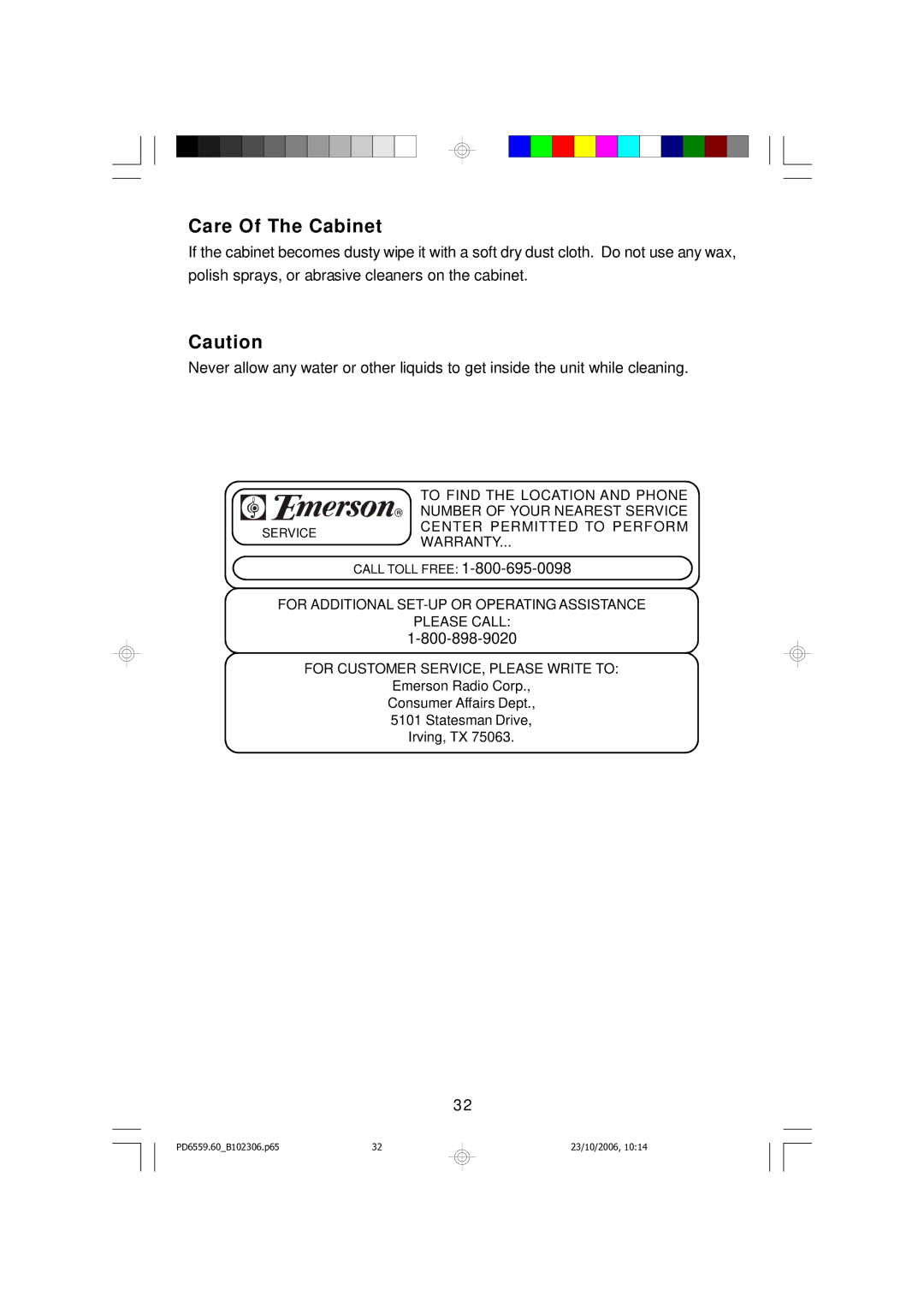 Emerson PD6559BK owner manual Care Of The Cabinet 