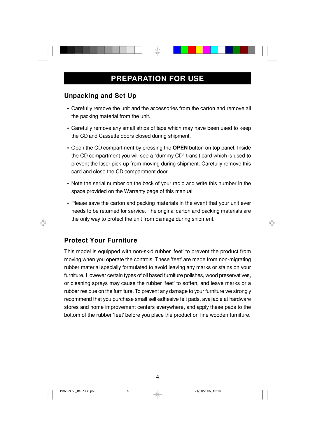 Emerson PD6559BK owner manual Preparation for USE, Unpacking and Set Up, Protect Your Furniture 