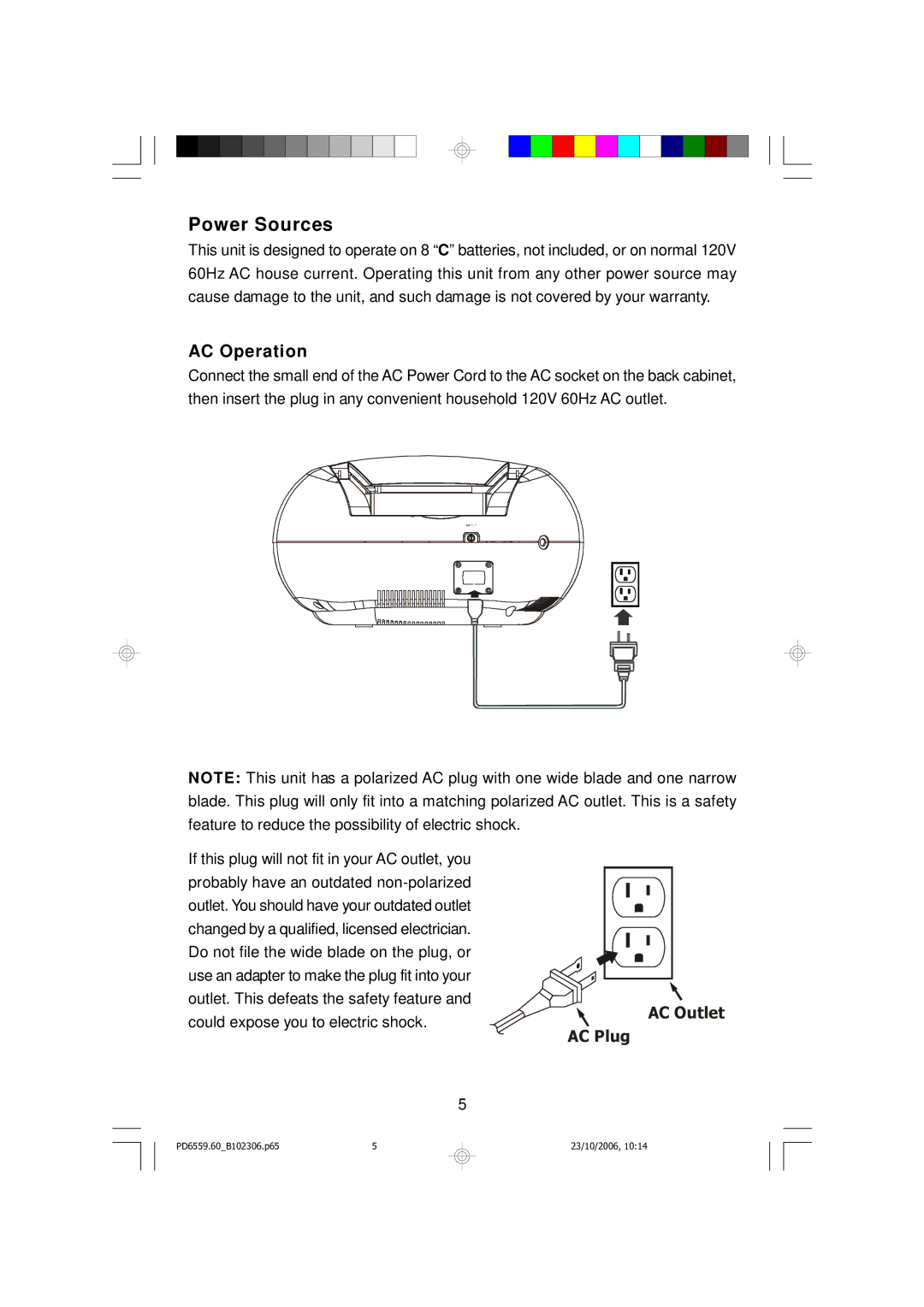 Emerson PD6559BK owner manual Power Sources, AC Operation 