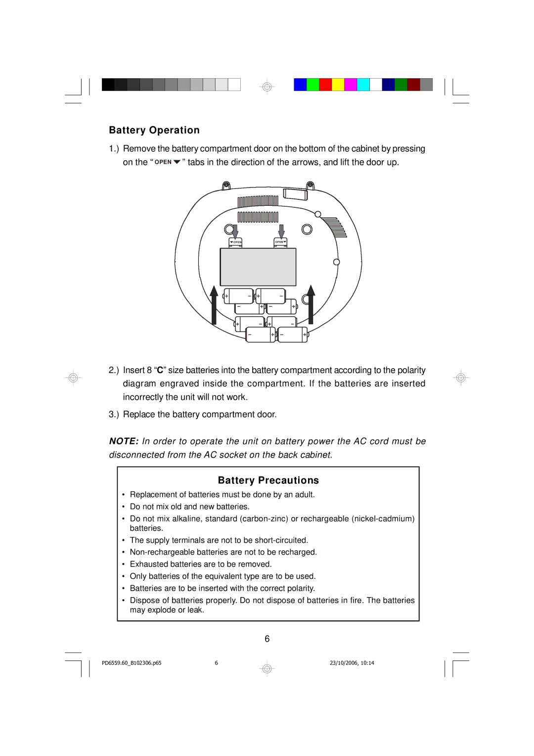 Emerson PD6559BK owner manual Battery Operation, Battery Precautions 