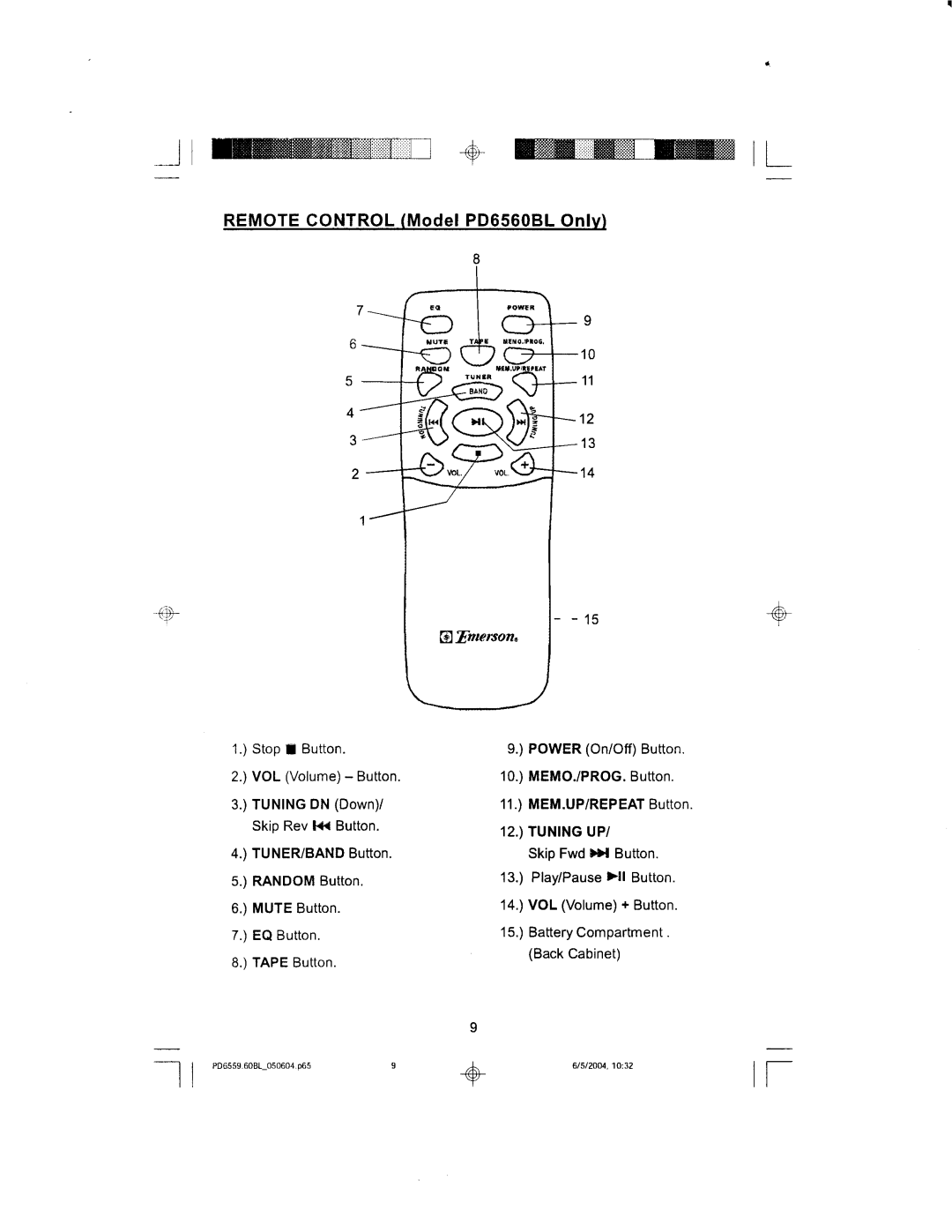 Emerson PD6559BL manual Remote Control Model PD6560BL Onlv, @fnurson, Random Button Play/Pause ll Button Mute Button 