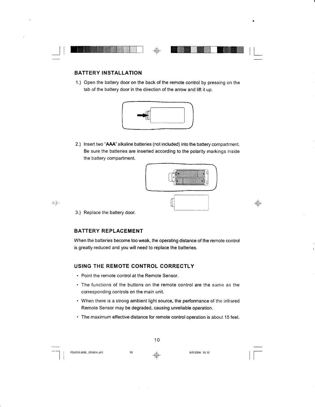 Emerson PD6559BL manual Ltw+ffilL, Battery Installation, Battery Replacement, Using the Remote Control Correctly 