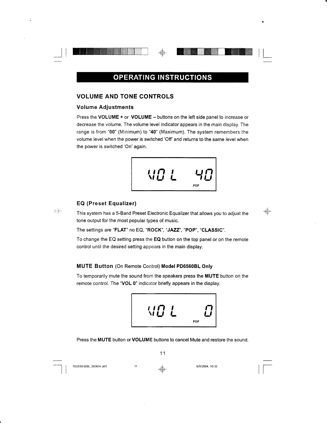 Emerson PD6559BL manual Jtffi+ffitL, Volume and Tone Controls, Volume Adjustments, EQ Preset Equalizer 