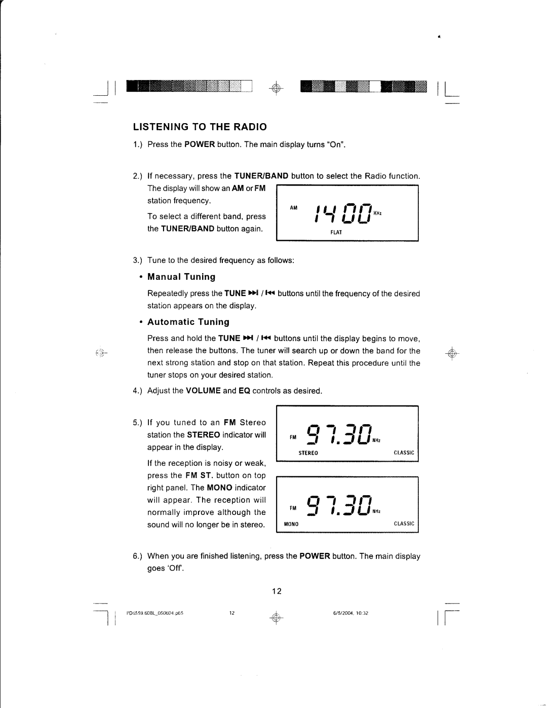 Emerson PD6559BL manual =Jtffi+ffitL, Listening to the Radio, Manual Tuning, Automatic Tuning 