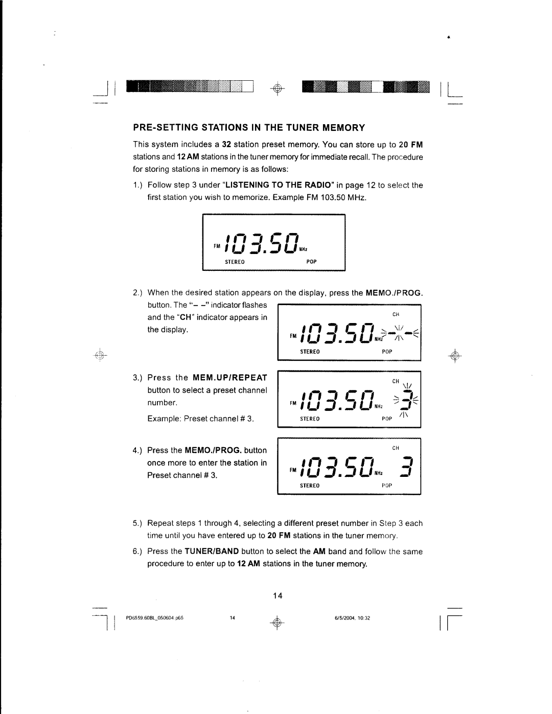 Emerson PD6559BL manual Llw+wt, An/l, PRE.SETTING Stations in the Tuner Memory, Press the MEM.UP/REPEAT 