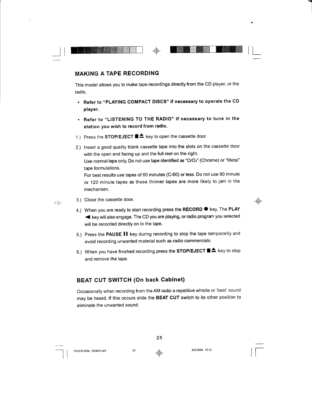 Emerson PD6559BL manual Making a Tape Recording, Playe r 