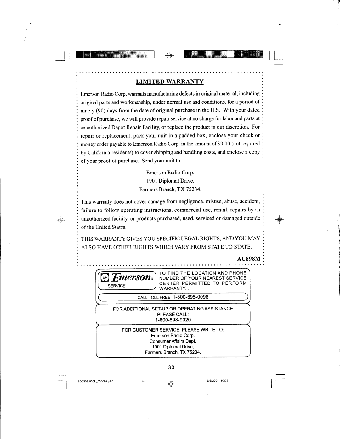 Emerson PD6559BL manual AU898M, Diplomat Drive 