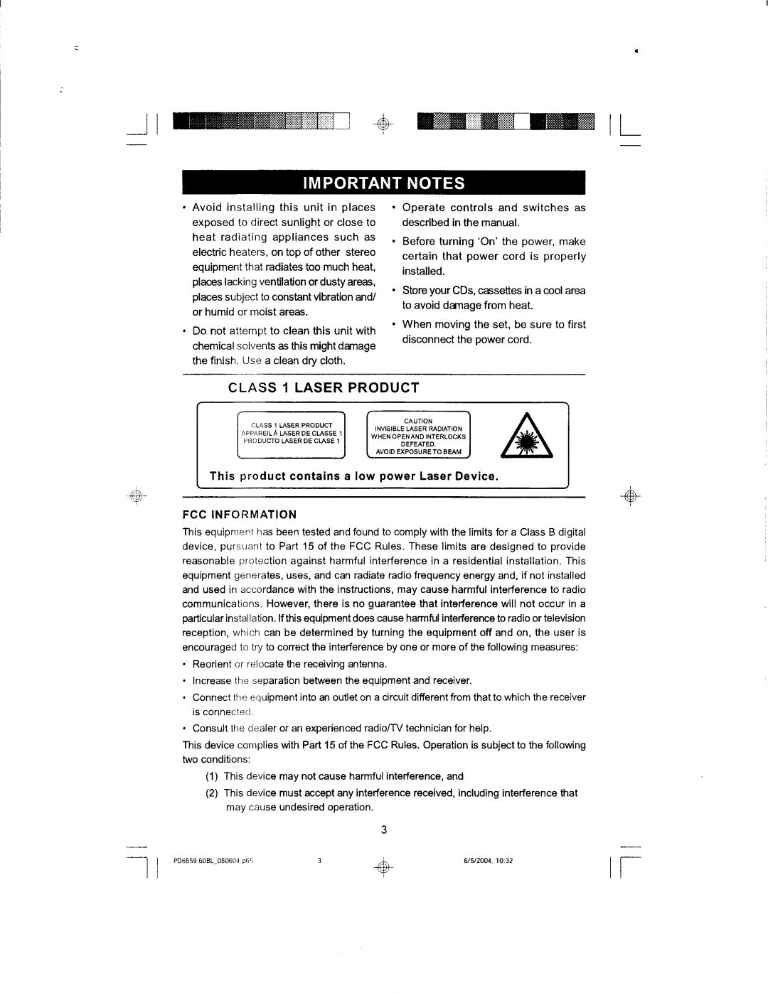 Emerson PD6559BL Class l Laser Product, This product contains a low power Laser Device, Heat radiating appliances such as 