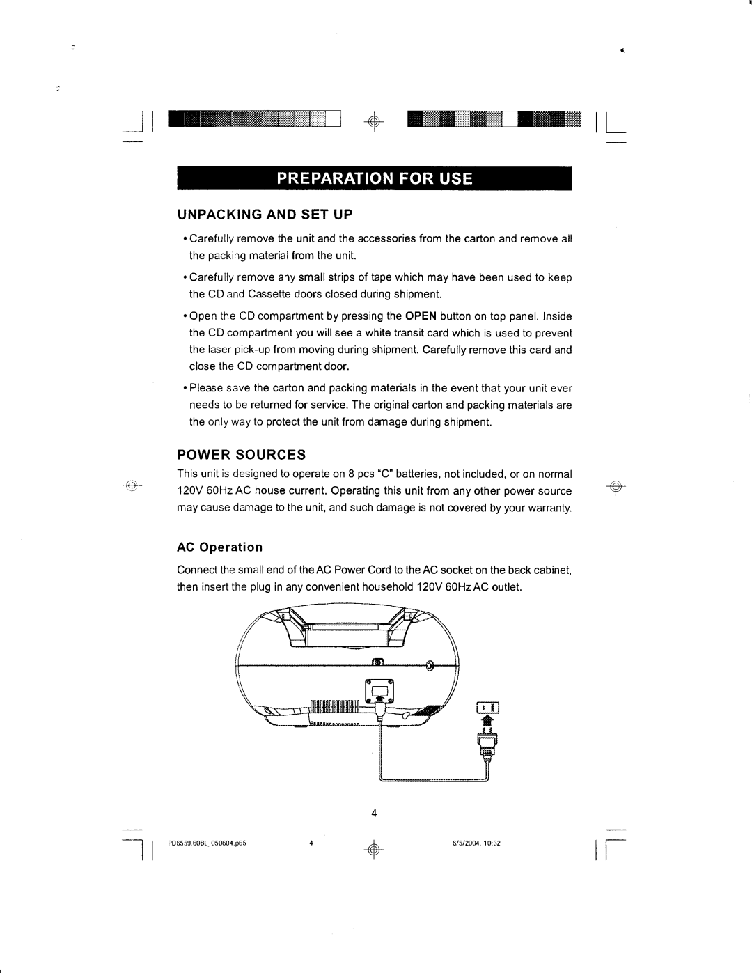 Emerson PD6559BL manual Unpacking and SET UP, Power Sources, AC Operation 