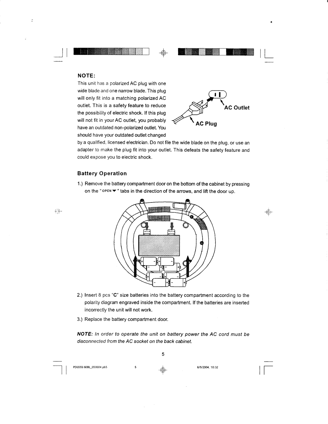 Emerson PD6559BL manual =Jtw+wtL, Battery Operation, AC Outlet, Will not fit in your AC outlet, you probably 