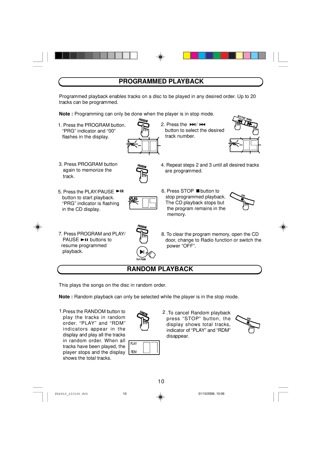 Emerson PD6810 owner manual Programmed Playback, Random Playback 