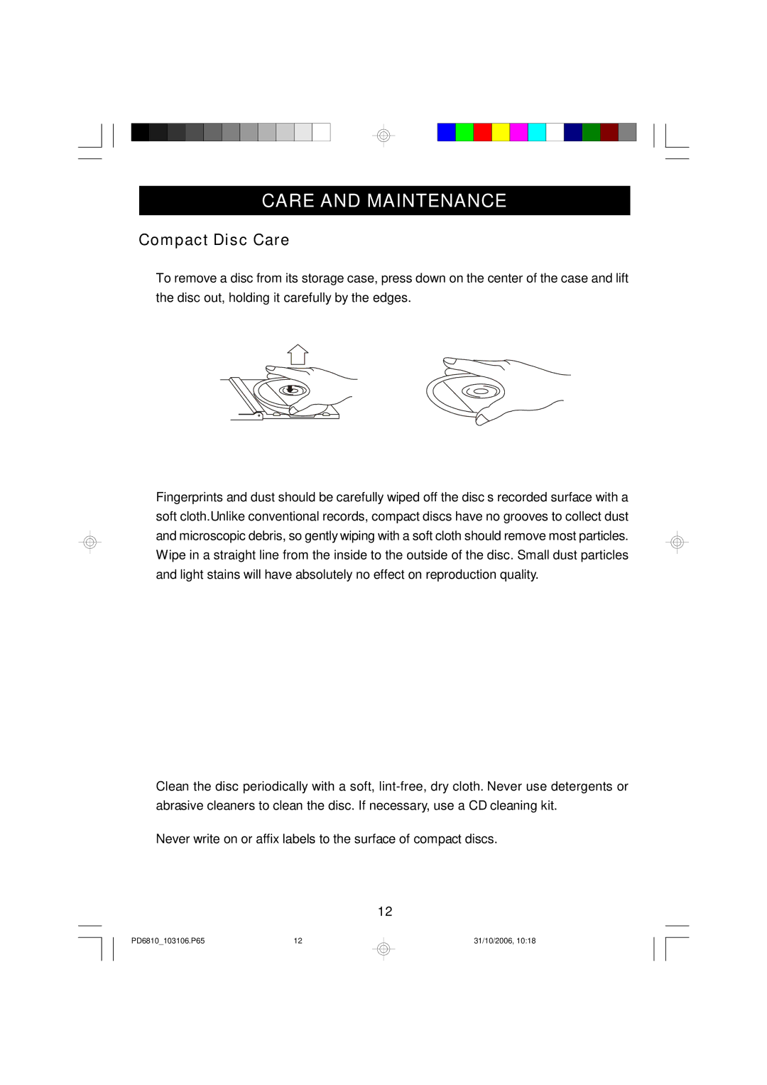 Emerson PD6810 owner manual Care and Maintenance, Compact Disc Care 