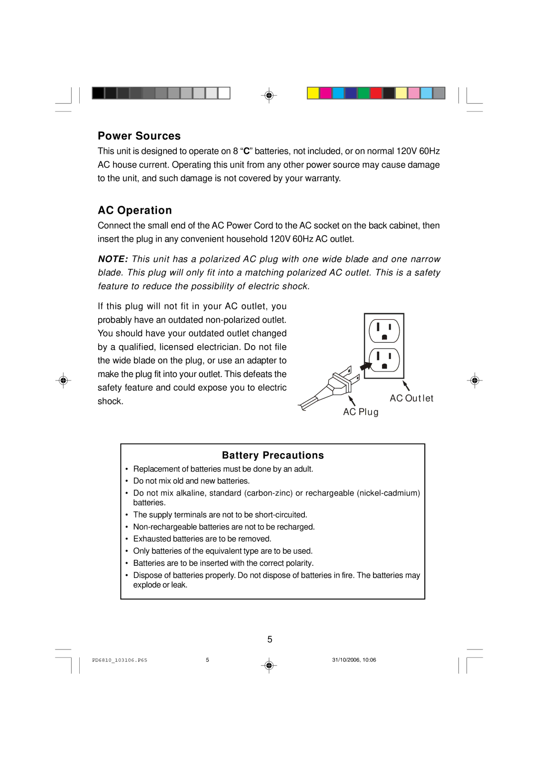 Emerson PD6810 owner manual Power Sources, AC Operation 