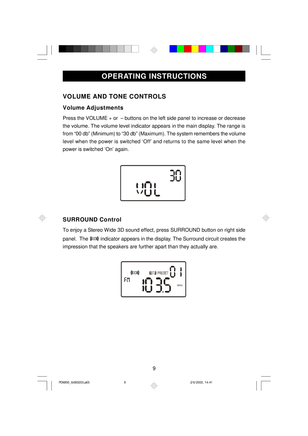 Emerson PD6850 owner manual Operating Instructions, Volume and Tone Controls, Volume Adjustments, Surround Control 