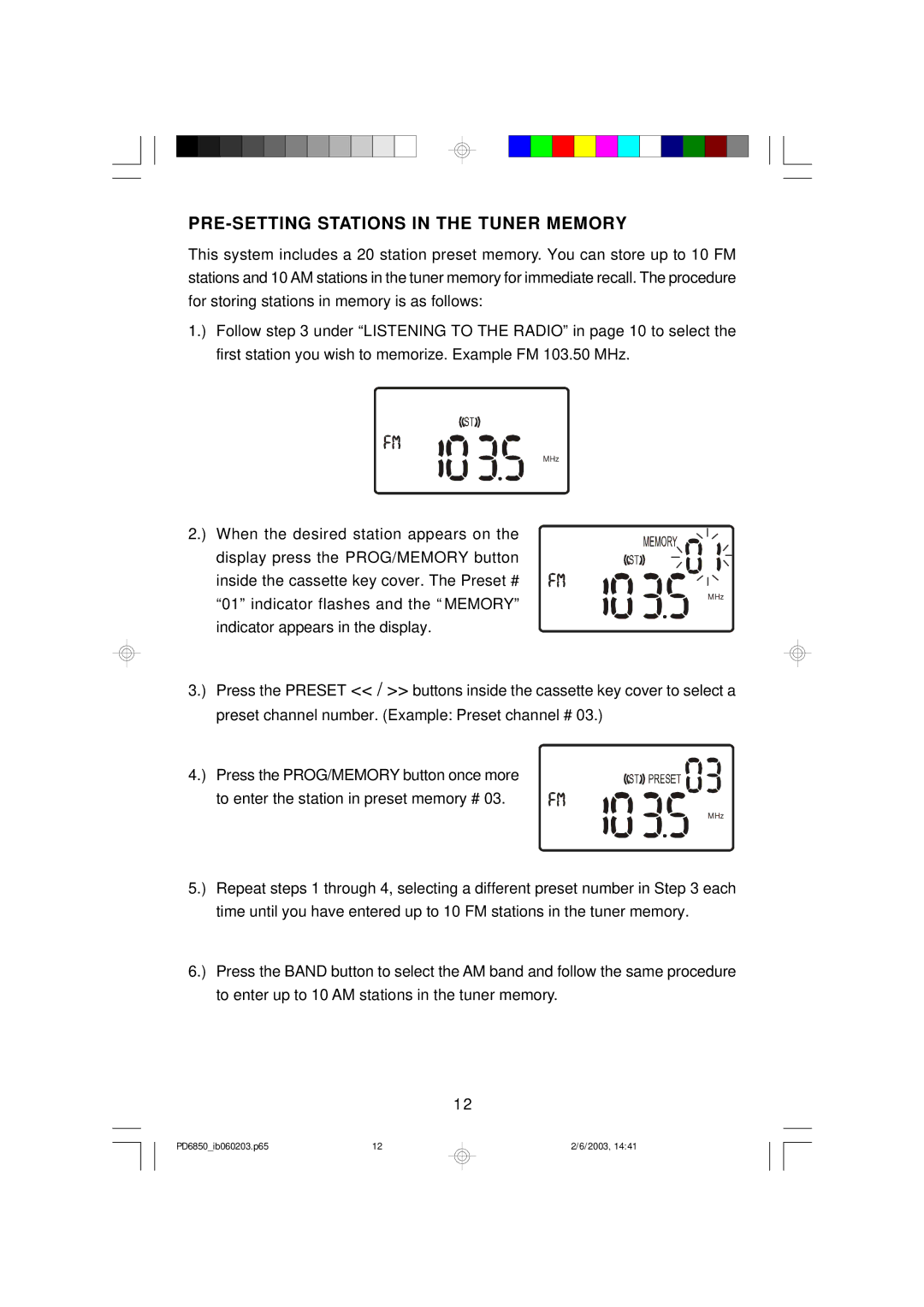 Emerson PD6850 owner manual PRE-SETTING Stations in the Tuner Memory 