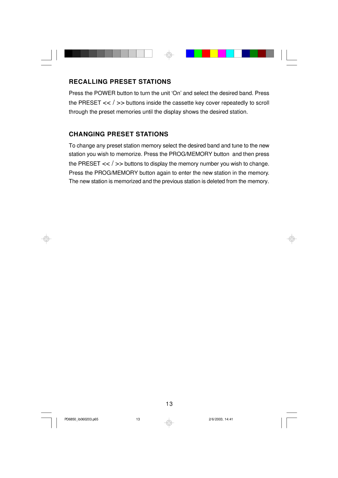 Emerson PD6850 owner manual Recalling Preset Stations, Changing Preset Stations 